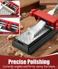 Badass Chisel Sharpener And Honing Guide With Adjustable Angle Fixture And Gauge For Ten To Forty Five Degree Bevels On Plane Blades Ranging Point One To Two Point Eight Inches Plus 400 And 1000 Grit Diamond Stones Solid Shop Essential with adjustable jaw and roller.