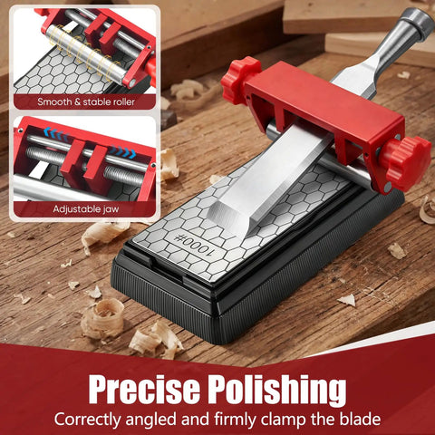 Badass Chisel Sharpener And Honing Guide With Adjustable Angle Fixture And Gauge For Ten To Forty Five Degree Bevels On Plane Blades Ranging Point One To Two Point Eight Inches Plus 400 And 1000 Grit Diamond Stones Solid Shop Essential with adjustable jaw and roller.