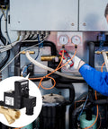 Technician with gauges and automatic drain valve kit for air compressors with electronic tank drain, braided steel hose