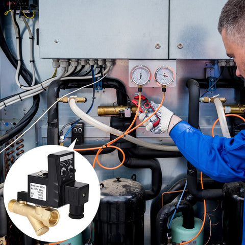 Technician with gauges and automatic drain valve kit for air compressors with electronic tank drain, braided steel hose