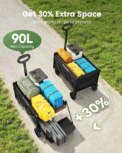 Heavy Duty Foldable Wagon Cart With 360 Lb Load Capacity, 90L Expandable Storage, Oxford Fabric, loaded with gear on path