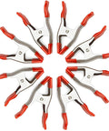 Heavy Duty 6 Inch Spring Clamps Set With 2.5 Inch Jaw Opening Rubber Coated Handles And Tips Metal Clamps For Woodworking DIY Photography And Crafting 6 Pack Clamp Kit displayed in a circular arrangement