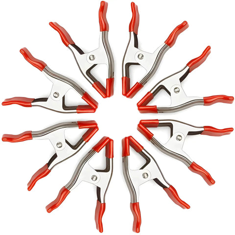 Heavy Duty 6 Inch Spring Clamps Set With 2.5 Inch Jaw Opening Rubber Coated Handles And Tips Metal Clamps For Woodworking DIY Photography And Crafting 6 Pack Clamp Kit displayed in a circular arrangement
