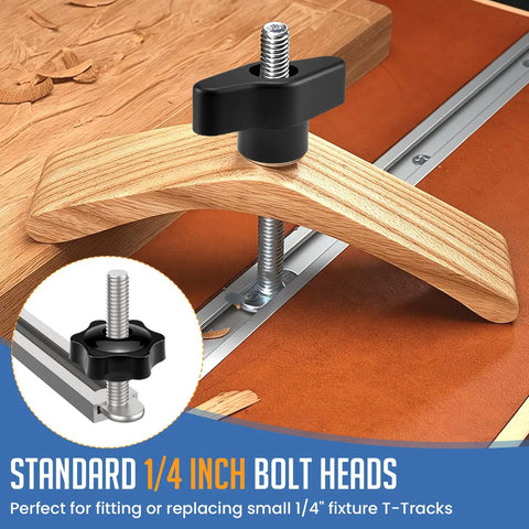 Boss Tier 20 Piece T Track Knob Kit 1/4 Inch 20 Thread Universal T Slot Hardware Quick Release Cam Knobs for secure mounting and adjustments.