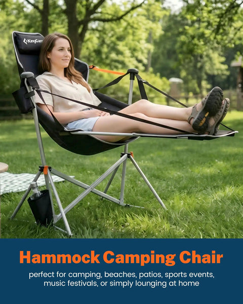 Woman relaxing in hammock chair with footrest for adults up to 400 lbs, heavy duty outdoor rocker with cup holder on lawn