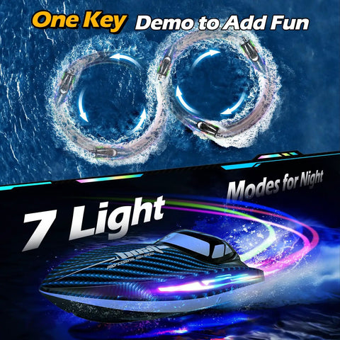 High Speed RC Boat 30KMH With Waterproof Hull, 7 LED Light Modes, 2.4GHz Remote, Self Righting, Water Cooling, 120m Range
