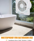 Powerful Six Inch Window Fan For Bathroom Exhaust Replacement Features High Airflow Energy Saving Motor With Ul Certified Cord Ideal Ventilation For Home Office And Toilet Spaces mounted on bathroom window with water splashes.