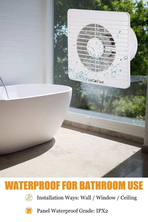 Powerful Six Inch Window Fan For Bathroom Exhaust Replacement Features High Airflow Energy Saving Motor With Ul Certified Cord Ideal Ventilation For Home Office And Toilet Spaces mounted on bathroom window with water splashes.