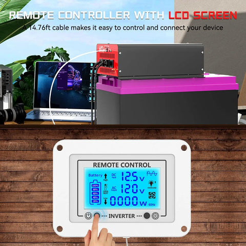 Heavy Duty 4000W Power Inverter Converts 12V DC To 120V AC With 8000W Peak Surge, LCD Remote Control Display with 14.76ft Cable.