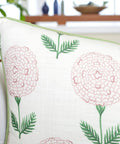 Pink Block Print Marigold Lumbar Pillow Cover 12x20 Off White Oblong Cushion Cover For Sofa Couch Chair Cozy Vintage Garden Vibe Grandmillennial Cottagecore Nursery Decor Konkan Floral close-up with green piping