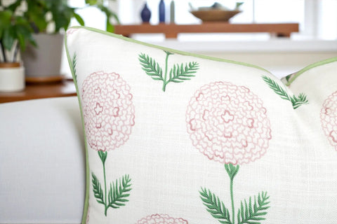 Pink Block Print Marigold Lumbar Pillow Cover 12x20 Off White Oblong Cushion Cover For Sofa Couch Chair Cozy Vintage Garden Vibe Grandmillennial Cottagecore Nursery Decor Konkan Floral close-up with green piping