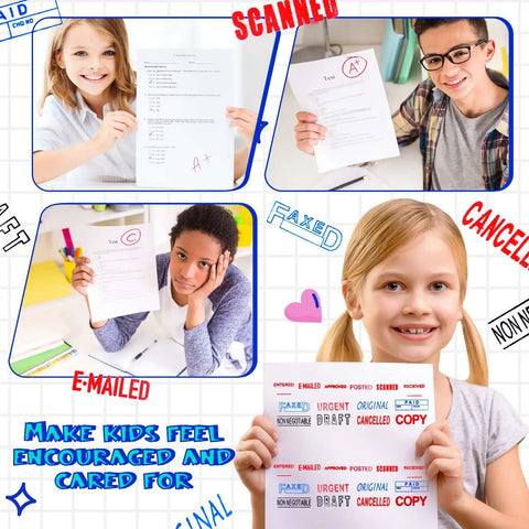 Top Shelf Fourteen Piece Self Inking Office Stamp Set Featuring Slick Business Message Designs For Approved Paid Copy Faxed And Scanned Papers That Make Desk Work Go With Zero Sweat, featuring stamped documents held by children.