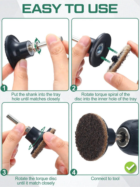 Step-by-step guide showing assembly of 92-Piece 2-Inch Sanding Discs Set With One Quarter Inch Shank Holder For Die Grinder Grind Buff Polish Rust Paint Removal