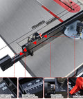 Rugged Aluminum Table Saw Miter Gauge Designed With Reliable Flip Stop Fence And Rapid Adjustable Locks compatible with router and band saw. Length scales and adjustable locks visible.
