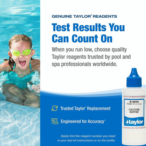 Calcium Buffer No 10 Replacement Reagent for Water Test Kits 2 Ounce Bottle Model R0010C poolside with child swimming.