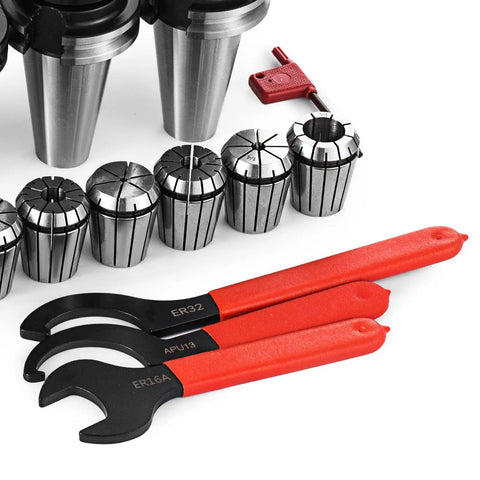 Battle Ready Cnc Cat40 Collet Set With Er32 And Er16 Tooling Kit, featuring ER32 and ER16 collets with wrenches for precise milling.