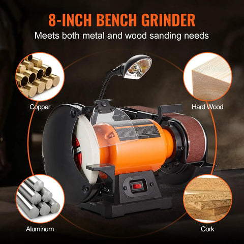 Heavy Duty Bench Grinder And Belt Sander Combo Featuring A Rock Solid 8 Inch Grinding Wheel For Metal and Wood Sanding Needs.