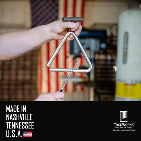 Triangle Percussion Instrument Handcrafted In USA By Nashville Small Biz, Premium Alloy Triangle For Rich, Warm Chime Tone, Supports American Jobs, Made In Tennessee Music Gear, held with beater