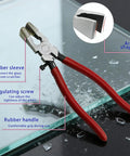 Pro Grade Glass Cutting Tool Set Kit With Nipper, Running Plier, Breaking Plier, Oil Feed Cutter, Replacement Blades, Oil Dropper, Cross Screwdriver, Leather Zipper Bag For Stained Glass Tiles Mosaic Mirrors. Close-up of breaking plier with red rubber handle on glass surface.