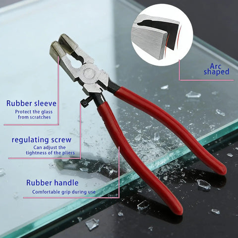Pro Grade Glass Cutting Tool Set Kit With Nipper, Running Plier, Breaking Plier, Oil Feed Cutter, Replacement Blades, Oil Dropper, Cross Screwdriver, Leather Zipper Bag For Stained Glass Tiles Mosaic Mirrors. Close-up of breaking plier with red rubber handle on glass surface.