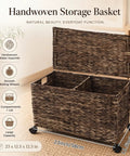 Large Rolling Wicker Storage Basket Made From Water Hyacinth, 15.5 Gallon Chest With Smooth Rolling Wheels, Removable Lid, Divider Insert, And Handles