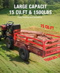 Beefy Heavy Duty ATV Dump Trailer With 1500lb Capacity And 15 Cu Ft Utility Cart Red Steel Railings 16 Inch Tires loaded with logs