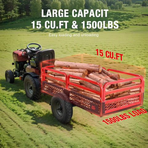 Beefy Heavy Duty ATV Dump Trailer With 1500lb Capacity And 15 Cu Ft Utility Cart Red Steel Railings 16 Inch Tires loaded with logs