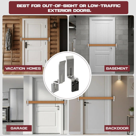 Heavy Duty Door Barricade Security Kit with install hardware seen on vacation home, basement, and garage doors.