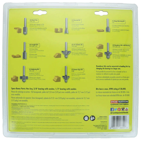 Back view of packaging for Carbide Router Bit Set 15-Piece Dope Pro Grade Woodworking Bits showing detailed specifications
