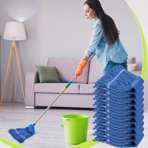 Heavy Duty Cotton String Wet Mop Heads Bulk Pack Dope Blue Replacement Sweeper Refills For Commercial And Home Floors Killer Absorption Cleaning Pads That Tackle Grime No Sweat with mop and bucket.