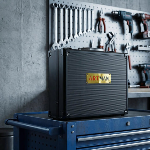 All In One 247 Piece Home Tool Set With Toolbox For DIY Projects And Home Repairs on blue workbench in garage.