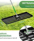 Extra Wide Lawn Leveling Rake 36 By 10 Inch With Adjustable Steel Handle shown on grass with 180-degree rotation feature
