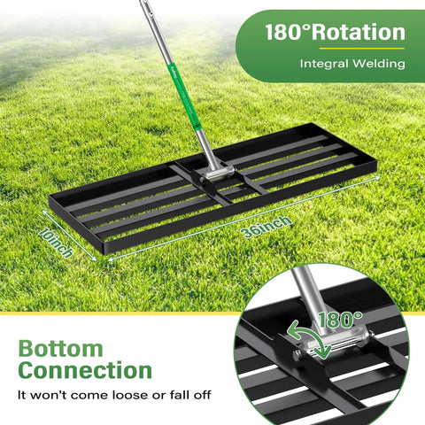 Heavy Duty Lawn Leveling Tool 76 Inch Total Length With 30 By 10 Inch Head Multi Function Yard Rake For Leveling Soil Dispense Fertilizer Remove Stones Break Clods Mix Soil And Fertilizer Ideal For Garden Backyard Golf Lawn Farm Pasture