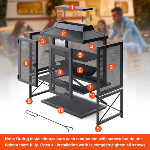 Metal Outdoor Fireplace For Patio And Backyard 39 Inch Square Chiminea Fire Pit assembly guide with grill and spark screen details.