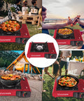 Collage of red 8500 BTU Portable Butane Stove with Auto Ignition for camping, showing versatile cooking outdoors.