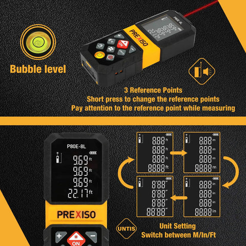 Rechargeable Laser Distance Meter With 265 Ft Range Six Measurement Modes Including Single Continuous Min Max Area Volume Two Point Pythagorean Three Point Pythagorean M In Ft Readouts Three Reference Points For Easy Pro Jobsite Measurements with bubble level