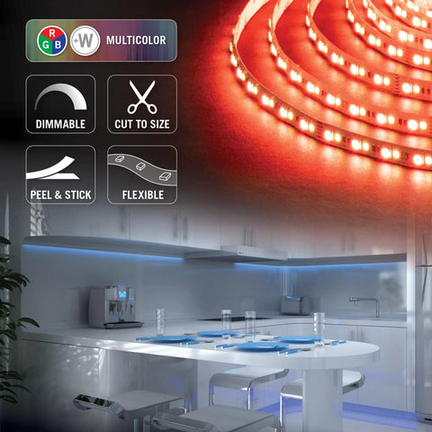 RibbonFlex Pro LED Tape Light Kit With Multi Color And White LEDs, 60+60 LEDs Per Meter, 16.4 Ft, Dimmable 0-100%, UL Listed, Easy Peel-And-Stick Install, Perfect For Under Cabinets, Coves, And Accent Lighting