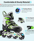 Adjustable Inline Skates For Kids And Teens With Light Up Wheels, 3 Sizes S M L, featured focus on green design and comfort features.