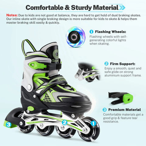 Adjustable Inline Skates For Kids And Teens With Light Up Wheels, 3 Sizes S M L, featured focus on green design and comfort features.