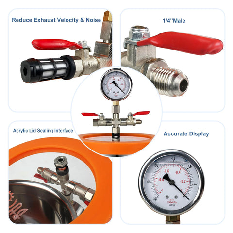 BACOENG 2-Quart stainless steel vacuum chamber kit with gauge, red-handled valves, and orange acrylic lid ring
