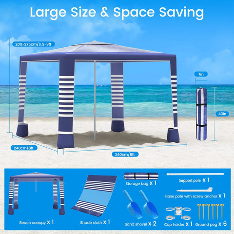 8x8 Beach Cabana With Side Wall Sun Shelter set up on sandy beach, navy stripes, adjustable height, includes accessories, sea in background