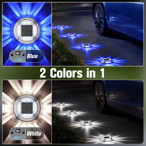 12 Pack Solar Ground Lights With Dual Color Modes White And Blue Waterproof Driveway Marker Lights illuminating pathway