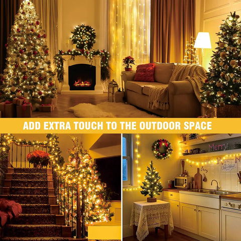 Warm White LED String Lights 70 Ft Waterproof and Connectable for Indoor and Outdoor Holiday Decor, displayed in cozy home settings