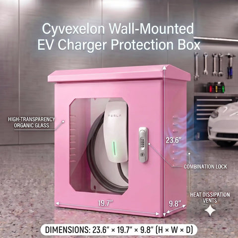 Heavy Duty Galvanized Steel EV Charger Protection Housing Box With Sloped Rain Hood And Secure Combo Lock For All Weather Outdoor Charging Stations Tough As Nails Weather Guard, Pink, Wall-mounted, 23.6" x 19.7" x 9.8".