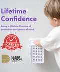 Child touching Extra Large Outlet Cover Box for baby proofing bulky plugs and wide adapters, keeps cords neat and tiny hands safe.