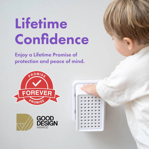 Child touching Extra Large Outlet Cover Box for baby proofing bulky plugs and wide adapters, keeps cords neat and tiny hands safe.