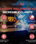 Welder using Auto Darkening Welding Lens 2x4, providing high definition clarity with UV sensitive lens and cool blue tint effects.