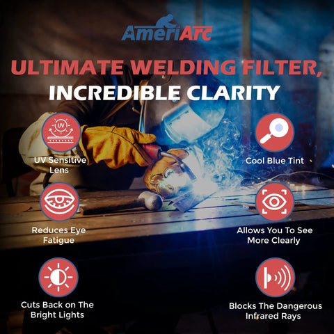 Welder using Auto Darkening Welding Lens 2x4, providing high definition clarity with UV sensitive lens and cool blue tint effects.