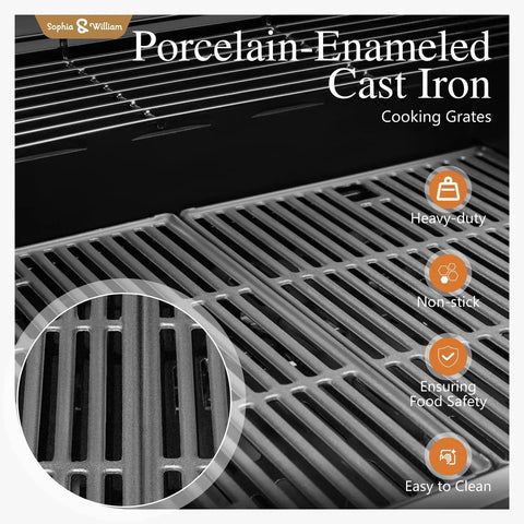 Close-up of porcelain-enameled cast iron grates on the 4 Burner Gas Grill With Side Burner And Porcelain Enameled Cast Iron Grates With Stainless Steel Burners 42,000 BTU Propane Outdoor Kitchen Barbecue Cabinet Style Backyard Ready Blue.