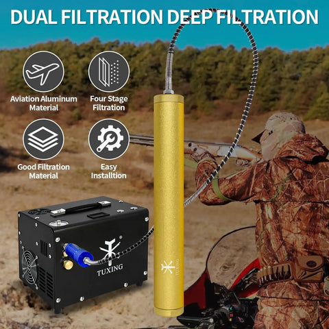 4500 Psi PCP Air Compressor Oil Water Filter with rugged gold anodized finish in outdoor setting with hunter in background